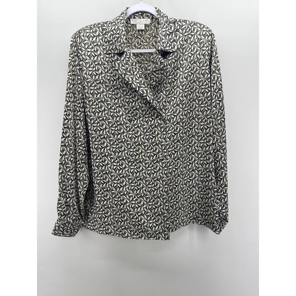 VTG Doncaster 100% Silk Blouse Wms 10 Black Cream Floral Print Double Breast 90s